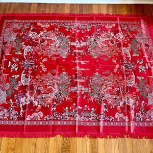 Vintage Chinese Scenic Fringed Tablecloth 74x55 Red Satin Brocade Shawl Tapestry